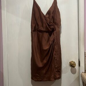 Tobi Brown Satin Cowl Slip Mini Dress